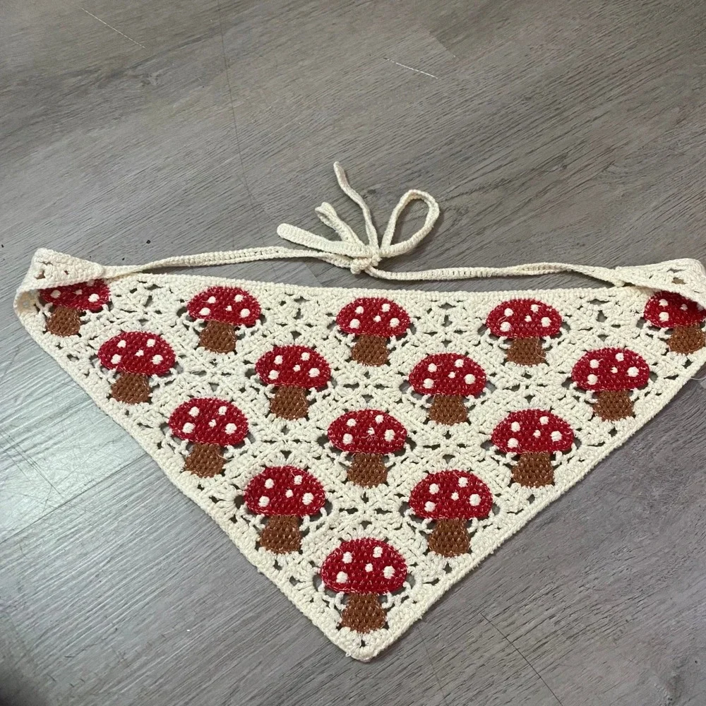 Crochet Head Bandana Womens OS Cream Mushroom Pattern Hair Scarf Tie